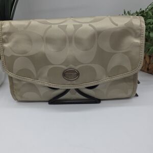 Coach Beige Signature Nylon Fold-Over Hanging Travel Makeup Toiletry Bag Clutch